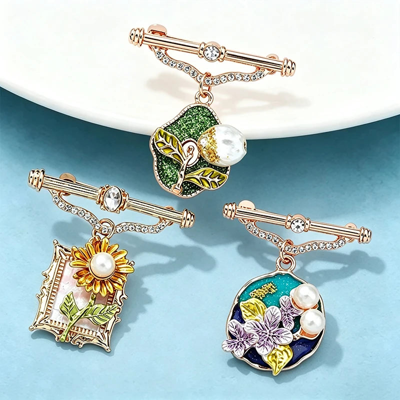 PENDRA Pearlfleur Natural Pearl Oil-Painting Flower Brooch
