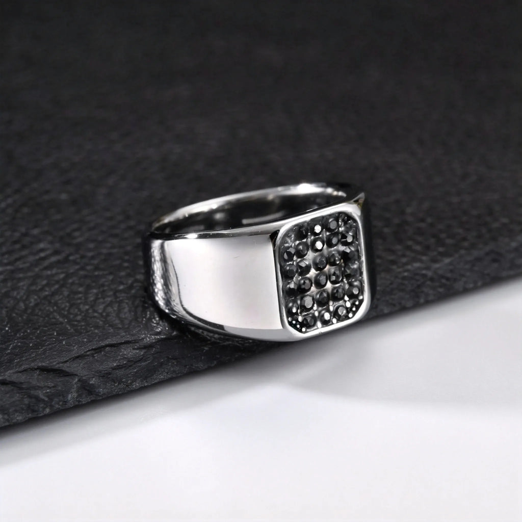 Punk Stainless Steel Signet Ring for Men,Waterproof Black Zircon Square Ring,Hip Hop Trend Jewelry Gift