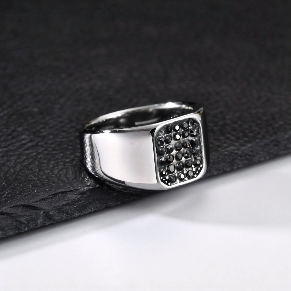 Punk Stainless Steel Signet Ring for Men,Waterproof Black Zircon Square Ring,Hip Hop Trend Jewelry Gift