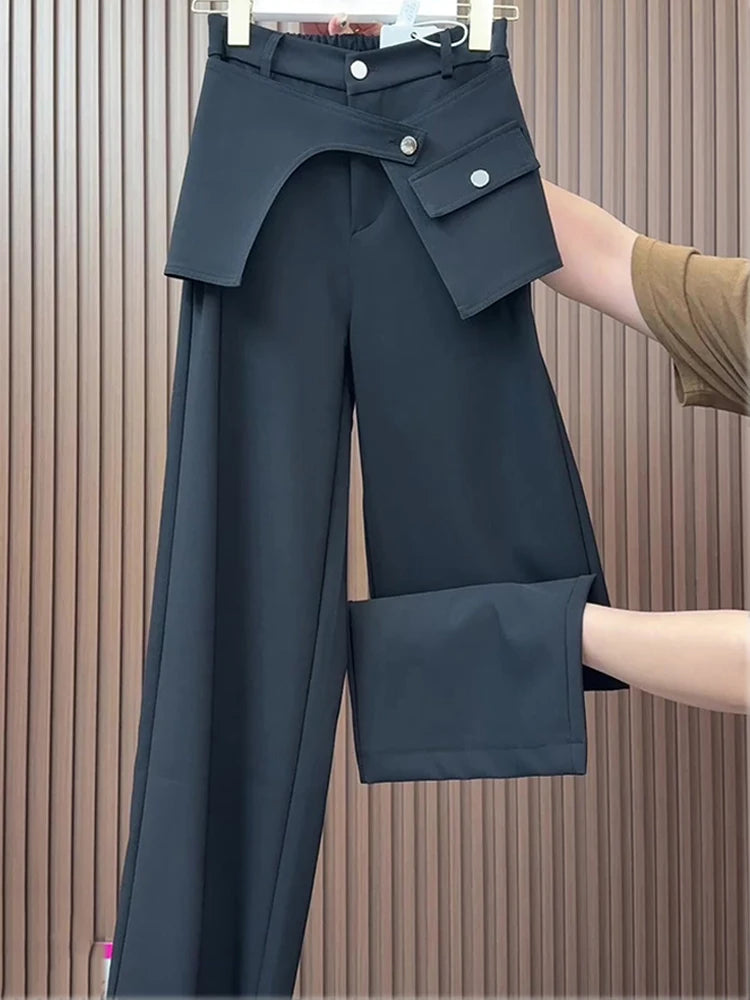 Women Elastic High Waist Wide Leg Pant 2025 Autumn Winter New Loose Fit Design Sense Fashion Black Irregular Trousers