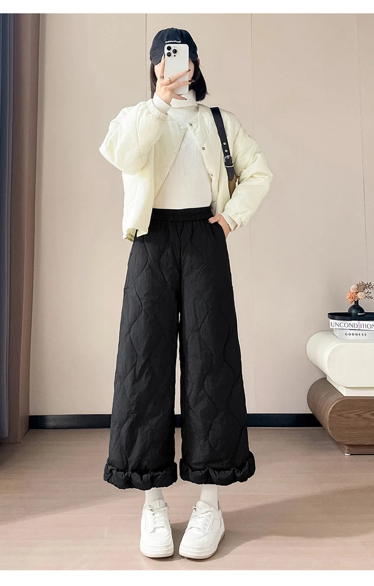 Elastic waist design down pants women winter cold resistant and warm high waist loose hanging casual straight leg pants