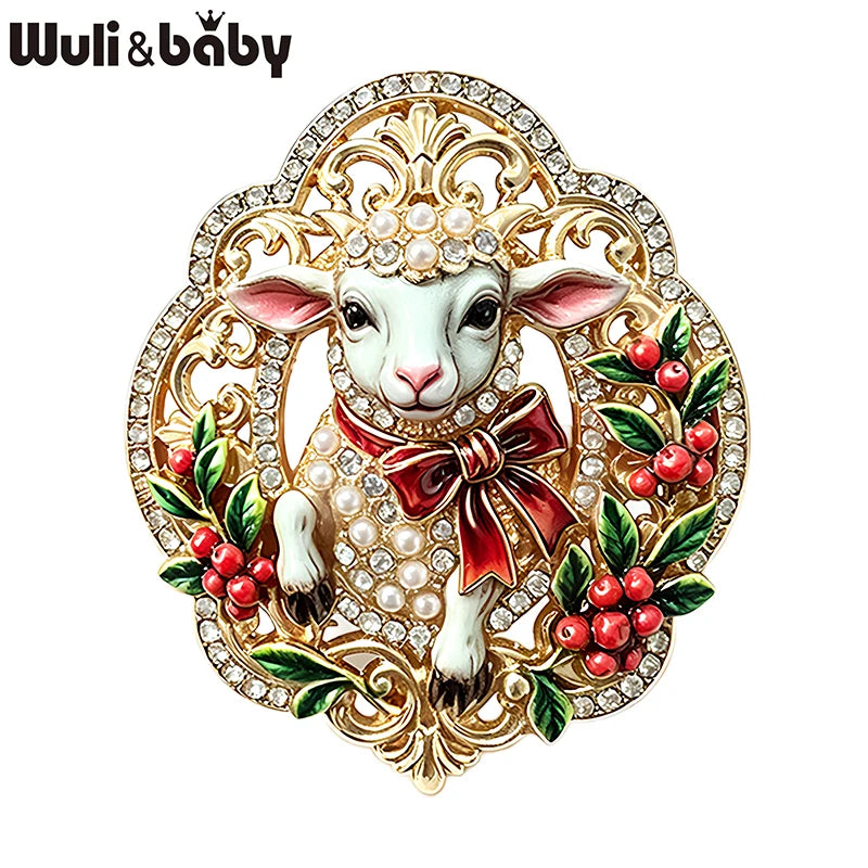 PENDRA Opal Enamel Rhinestone Sheep Brooch