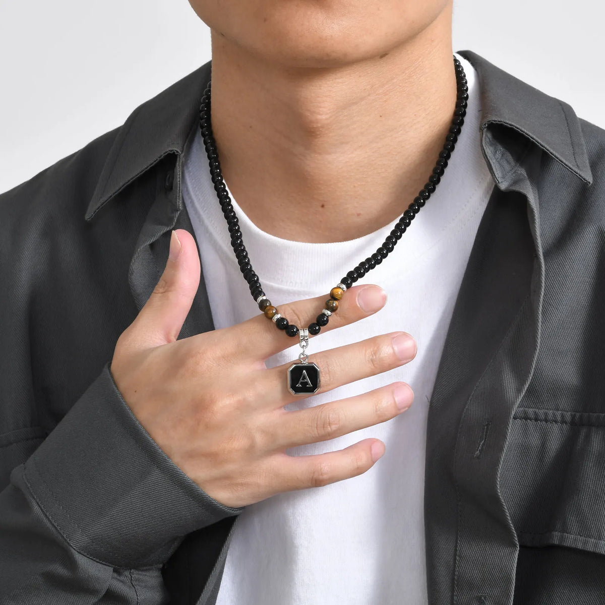 Initials Beaded Necklaces for Men Boys,Tiger Eye Alphabet A-Z 26 Letters Pendant Necklace,Stylish Jewelry Gift
