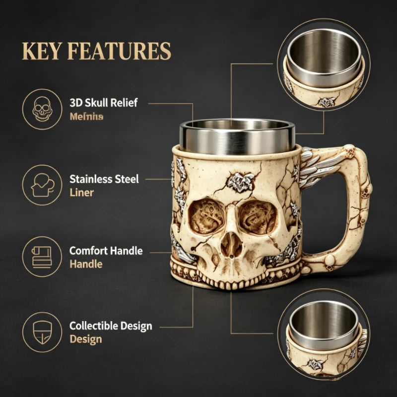 Halloween Spooky Skull Stein Mug 3D Relief Skeleton Pattern Stainless Steel Inner Tank Gothic Pub Bar Whiskey Wine Drink Cup