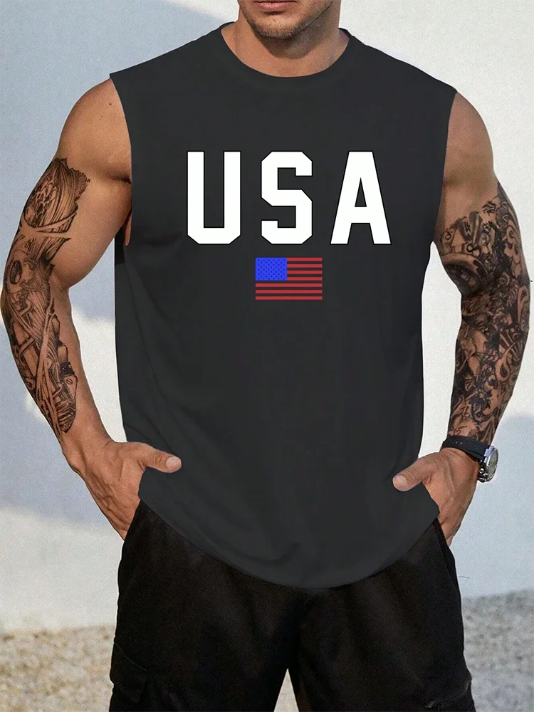 Summer Daily Casual Men's Loose Sleeveless T-shirt Outdoor Fitness Sports Men's Tank Top Street Fashion USA Flag Print Men's Top