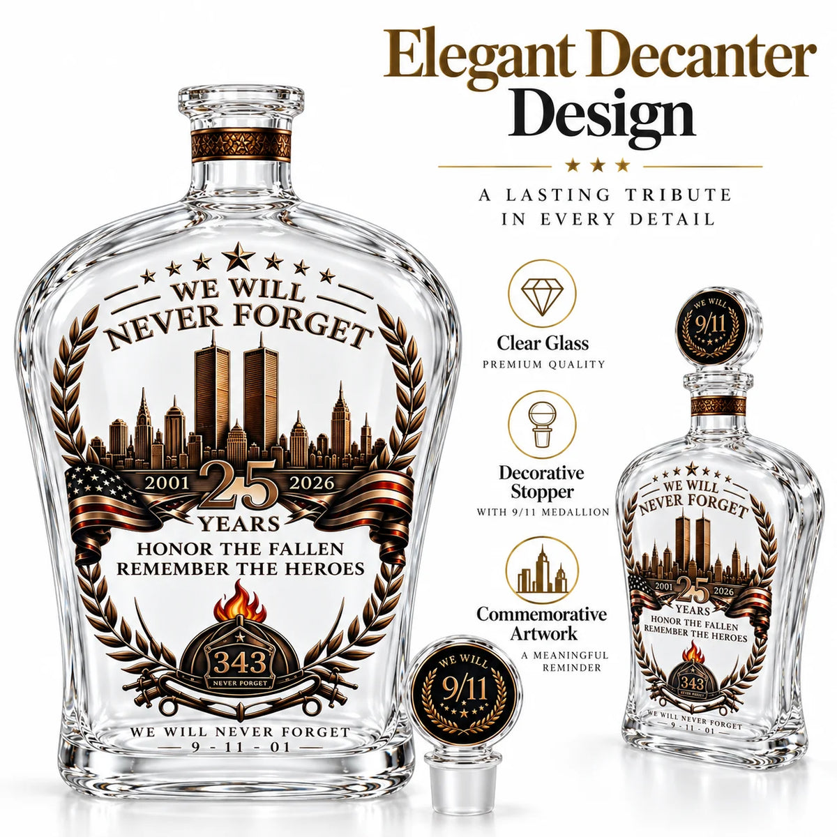 Patriotic 9/11 Memorial Glass Decanter 350mL 25th Anniversary Tribute Liquor Bottle Decorative Collectible Keepsake Gift