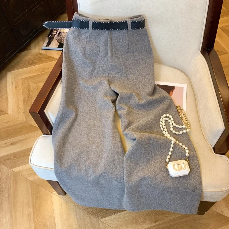 Old money style thick wide leg pants women autumn and winter Korean version solid color hanging feel straight leg pants