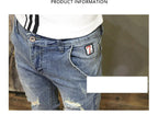 Light-colored Distressed Denim Cropped Trousers For Men Personality Slant Pocket Design, Embroidered Slim-fit Pencil Trousers