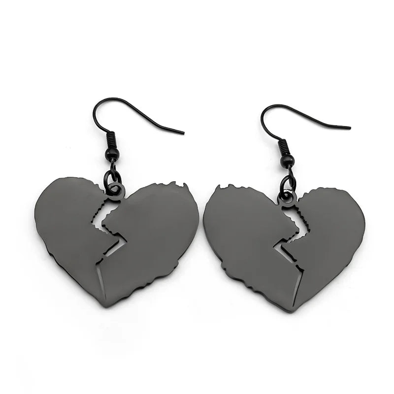 Gothic Style Broken Heart Dangle Earrings for Women Stainless Steel Gold Black Color Cool Girl Charm Party Drop Earrings Jewelry