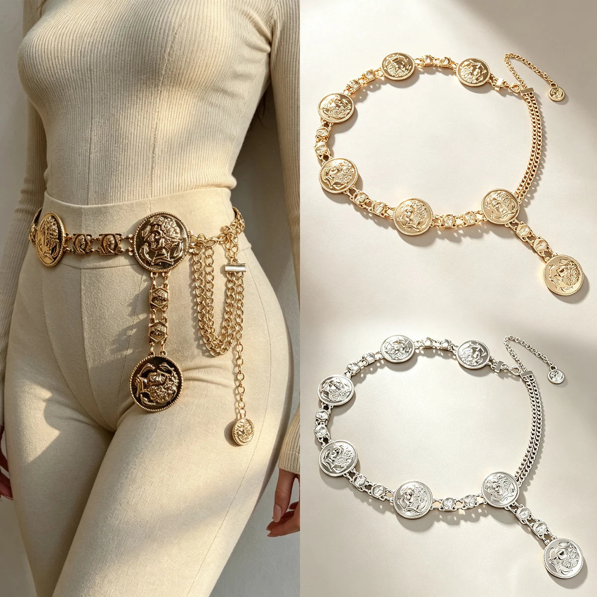 High quality Luxury designer Golden metal Queen Head waist chain body jewelry Jeans Sweater Elegant Chain belt For Women