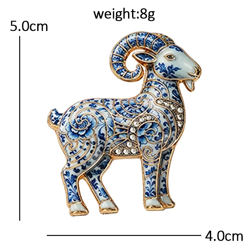 PENDRA Porcelaine Blue-White Goat Brooch