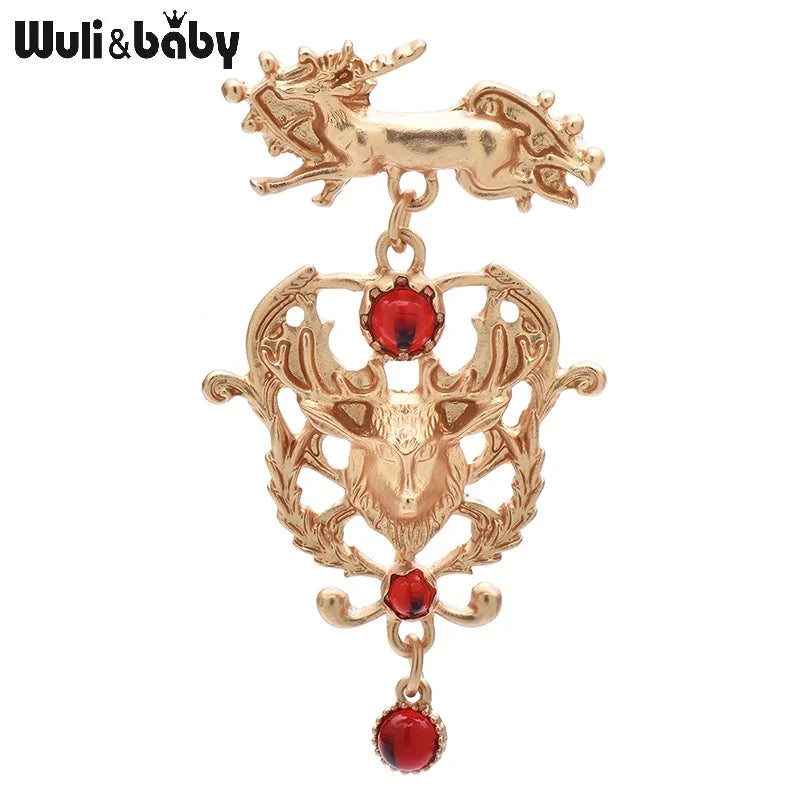 Wuli&baby Vintage Design Deer Head Brooches For Women Men Resin-bead Christmas New Year Lucky Animal Party Brooch Pins Gifts