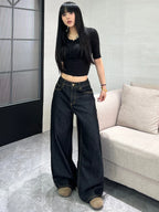 Women's Classic Black Loose American-Style Jeans, Trendy And Versatile Casual Wide-Leg Pants