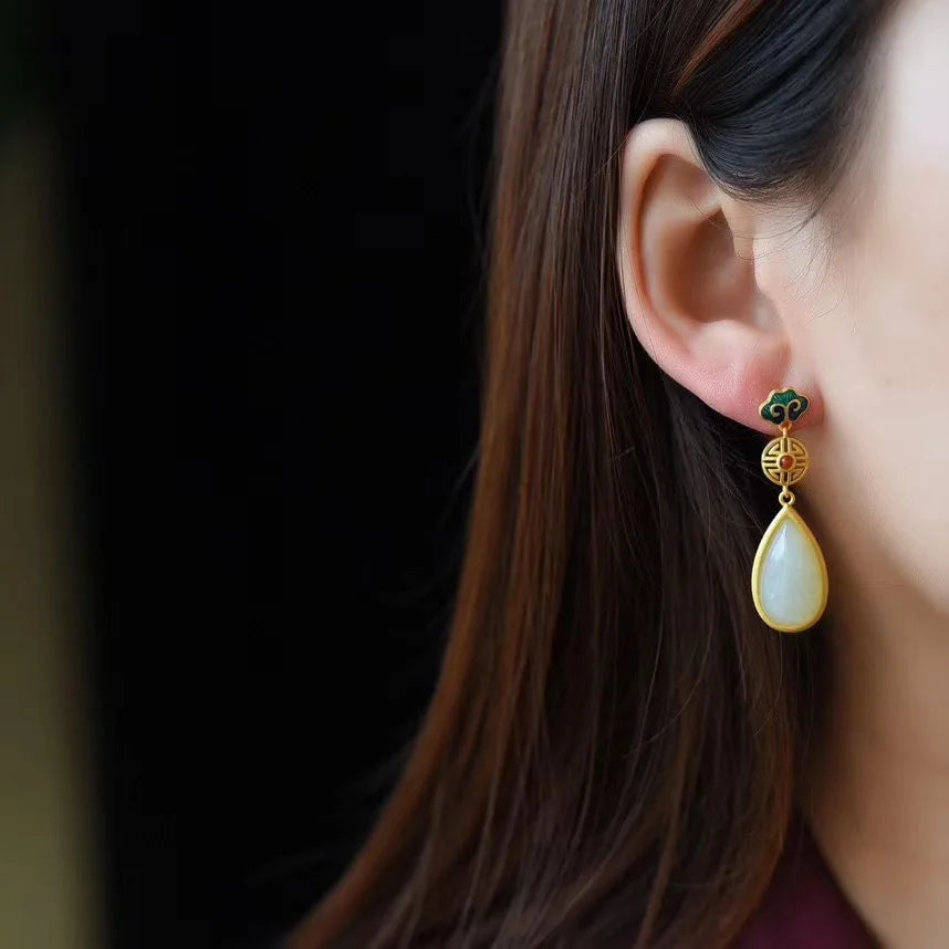 VENTFILLE Hetian Jade Ear Hook Earring Women's High-end Temperament Ethnic Style Retro Earrings Cloisonne Craft Dangler Gift