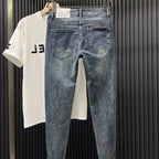 Trendy Brand 2026 Versatile Labeled Jeans for Men Stretch Slim Fit Simple Skinny Pants Trendy Cat Whisker Slimming Cropped Pants