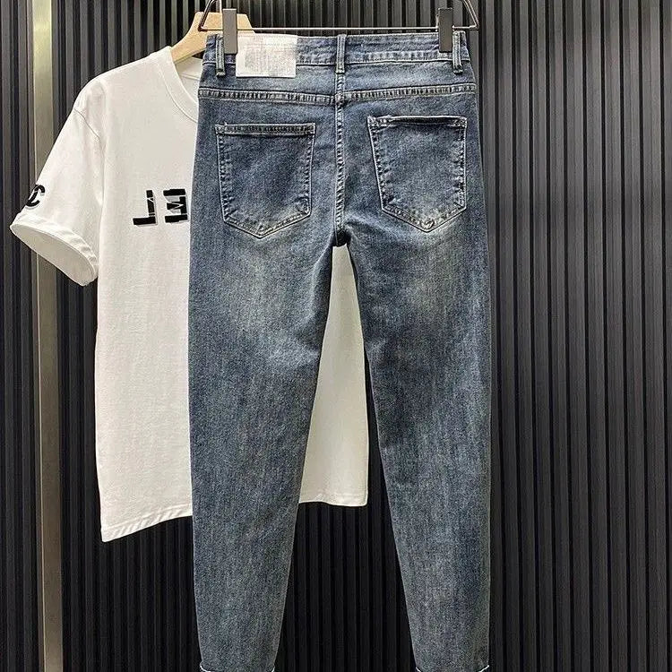 Trendy Brand 2026 Versatile Labeled Jeans for Men Stretch Slim Fit Simple Skinny Pants Trendy Cat Whisker Slimming Cropped Pants