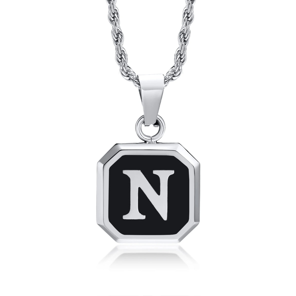 Initials Necklaces for Men Women,A-Z 26 Letters Black Square Stainless Steel Pendant Collar,45-60CM Twisted Rope Chain Gifts