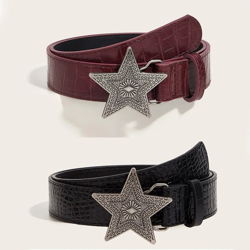 Width 3.3cm Hip-hop Retro Ladies Belt Gothic Punk Five-pointed Star Buckle Pu Leather Girdle Rock Y2k Popular Red Waistband