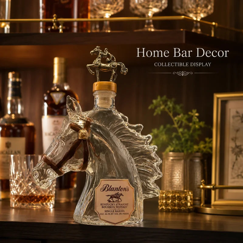 Blanton's Horse Head Shaped Crystal Whiskey Decanter, Bronze Horse Rider Stopper Liquor Bottle, Kentucky Bourbon Spirits Storage