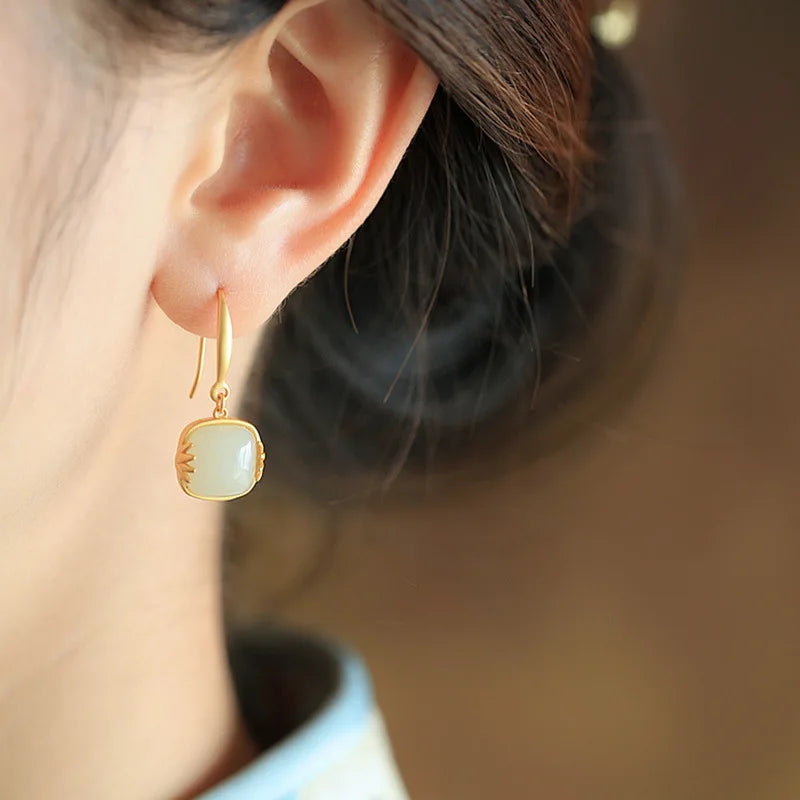 VENTFILLE Hetian Jade Ear Hook Earring Women's High-end Temperament Ethnic Style Retro Earrings Cloisonne Craft Dangler Gift