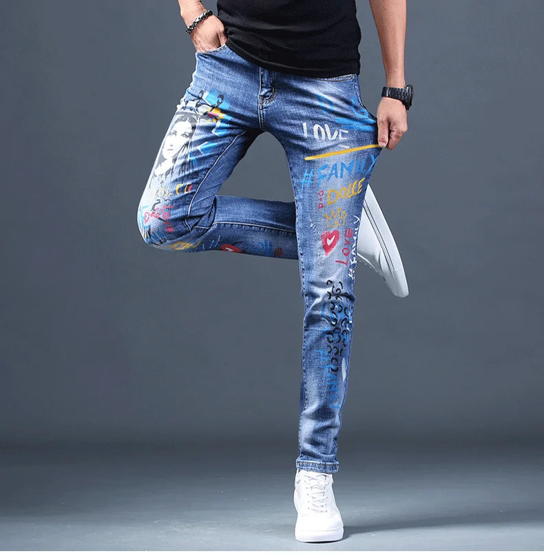 Spring Autumn Harajuku Fashion Art Craft Graphical Paintings 2000s Streetwear Male Slim Boyfriend Stylish Pants Denim Jeans Men