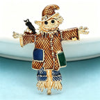 PENDRA Enamel Black Bird on Skull Scarecrow Wearing Hat And Patch Clothing Brooch