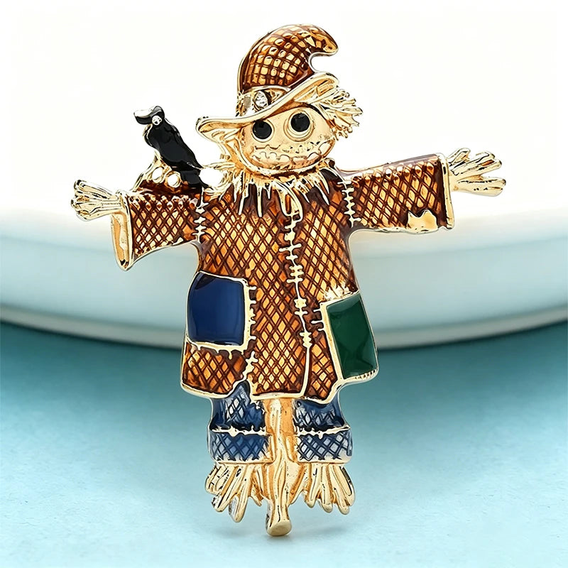 PENDRA Enamel Black Bird on Skull Scarecrow Wearing Hat And Patch Clothing Brooch