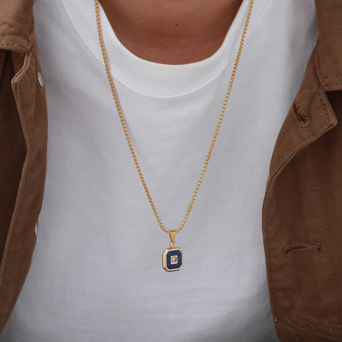 Stylish Square Pendant Necklaces for Men,Small Geometric Natural Stone Stainless Steel Pendant,Center Zircon Collars Gift