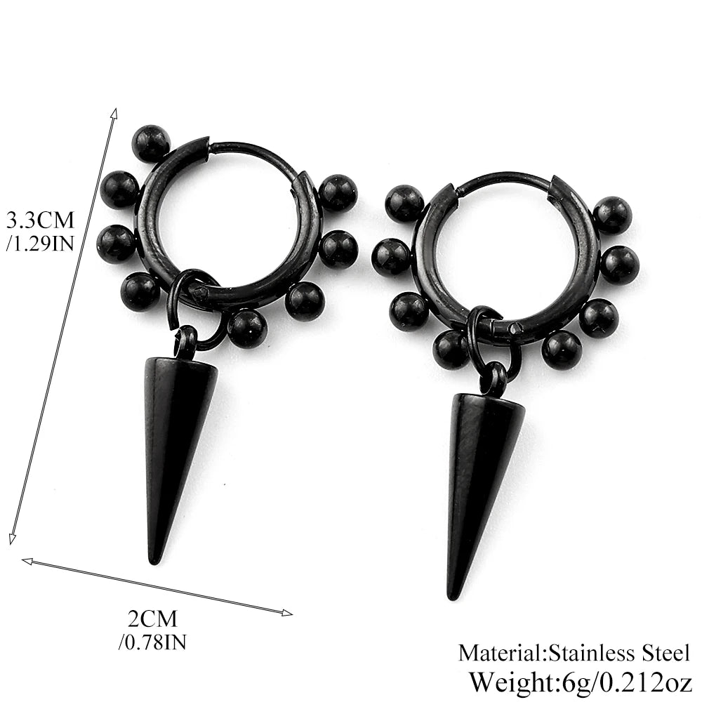 Stainless Steel Spike Cone Drop Earrings Man Punk Beaded Hoop Earrings for Men Women Gothic Hip Hop Dangle Ear Cool Jewelry Gift