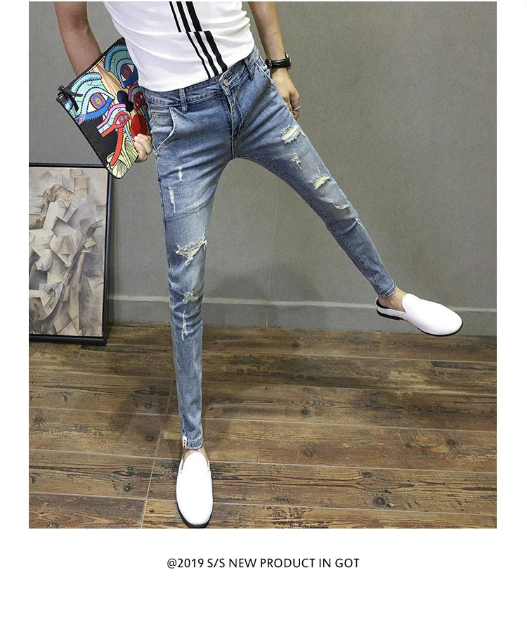 Light-colored Distressed Denim Cropped Trousers For Men Personality Slant Pocket Design, Embroidered Slim-fit Pencil Trousers
