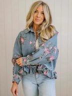 New Women's Retro Washed Floral Print Denim Jacket, Long-sleeved, Collared, Ruffled Hem, Short Jacket, Summer outfits for womener.