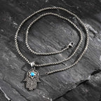Vintage Fatima Hand Necklace for Men Boys,Stainless Steel Hexagram Turquoise Pendant,Punk Jewelry Gift