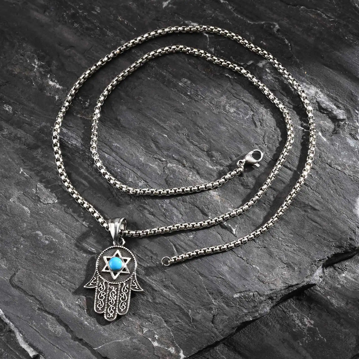 Vintage Fatima Hand Necklace for Men Boys,Stainless Steel Hexagram Turquoise Pendant,Punk Jewelry Gift