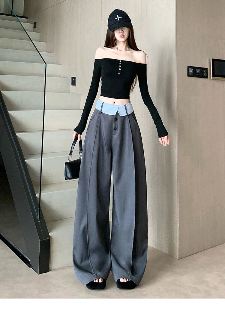 Suit wide leg pants women's autumn and winter striped patchwork high waisted casual fashion versatile straight leg pants