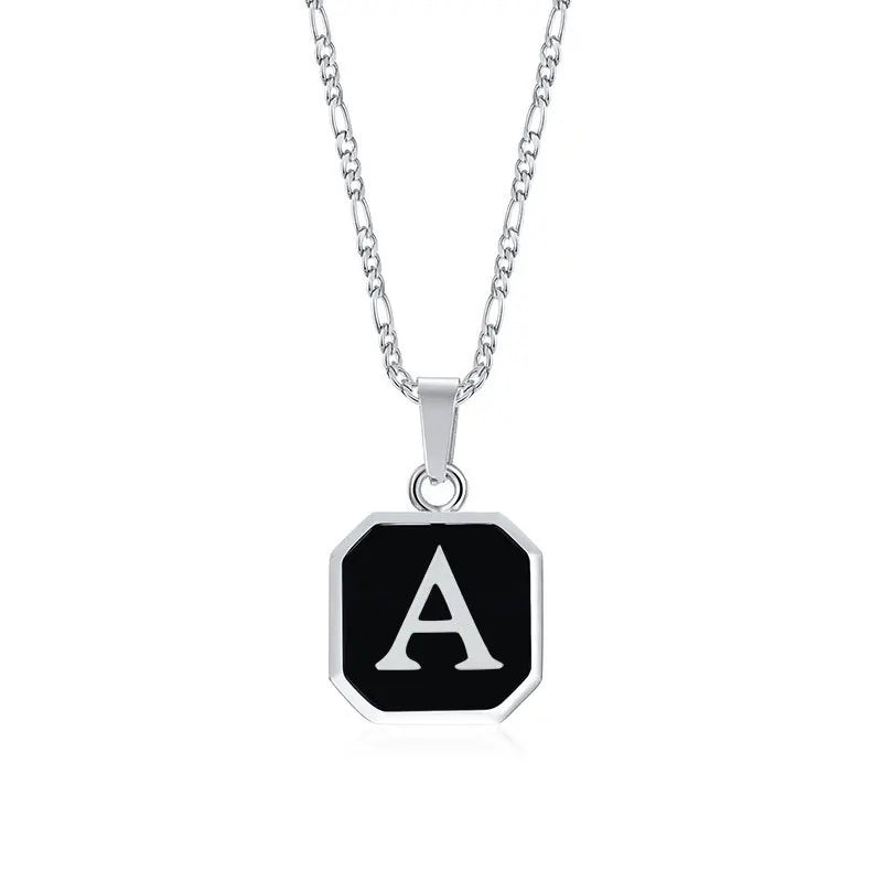 Square A-Z Initial Letters Necklaces for Men Boys,Stainless Steel Geometric Pendant with Box Rope Chain Collar,Gift Jewelry