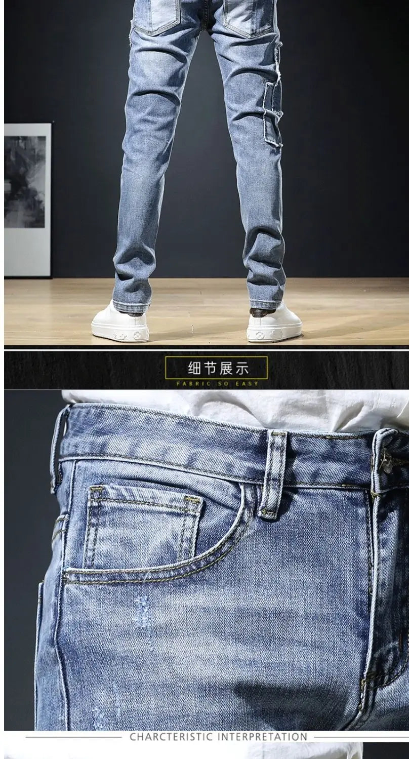 Autumn New Arrival Men's Jeans: Elastic Embroidered Patchwork Hip Hop Denim Pants Korean Style Slim Fit Cotton Trousers for Men
