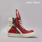 PENDRA Crimson Geobasket Red Leather High-Top Zip Lace-Up Thick-Sole Ankle Boots