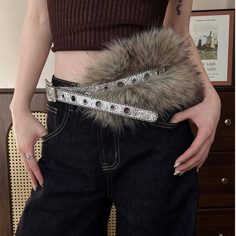 Furry Belt Y2k Belt Subculture Autumn Winter Spring Retro Luxury Plush Waist Chain Imitation Fur Waist Seal Hot Girl Sexy Belt