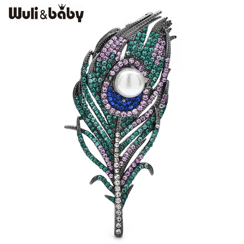 PENDRA Peacock Rhinestone Feather Brooch