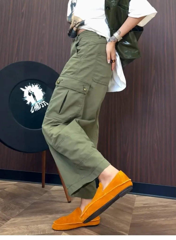 PENDRA Military Green Workwear Wide Leg Pants