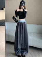 Suit wide leg pants women's autumn and winter striped patchwork high waisted casual fashion versatile straight leg pants