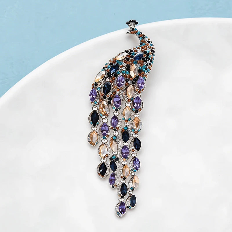PENDRA Crystal Tassel Peacock Rhinestone Brooch
