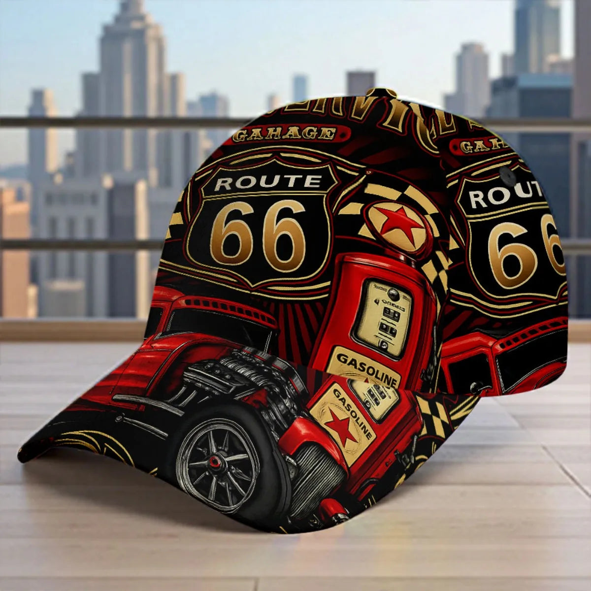 1pc Featuring a Route 66 Hot Rod Garage Design, This All-Over Print Duckbill Hat Has a Fitted Closure And Is Stylishly Hand Wash