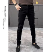High-end Jeans Men's Spring and Summer Versatile Slim Pants  Black Trendy Brand Business Trousers Men Clothing Low Rise Jeans