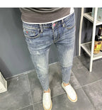 Summer light color jeans men's retro fashion brand embroidery slim fit small feet Korean fashion casual thin nine point pants