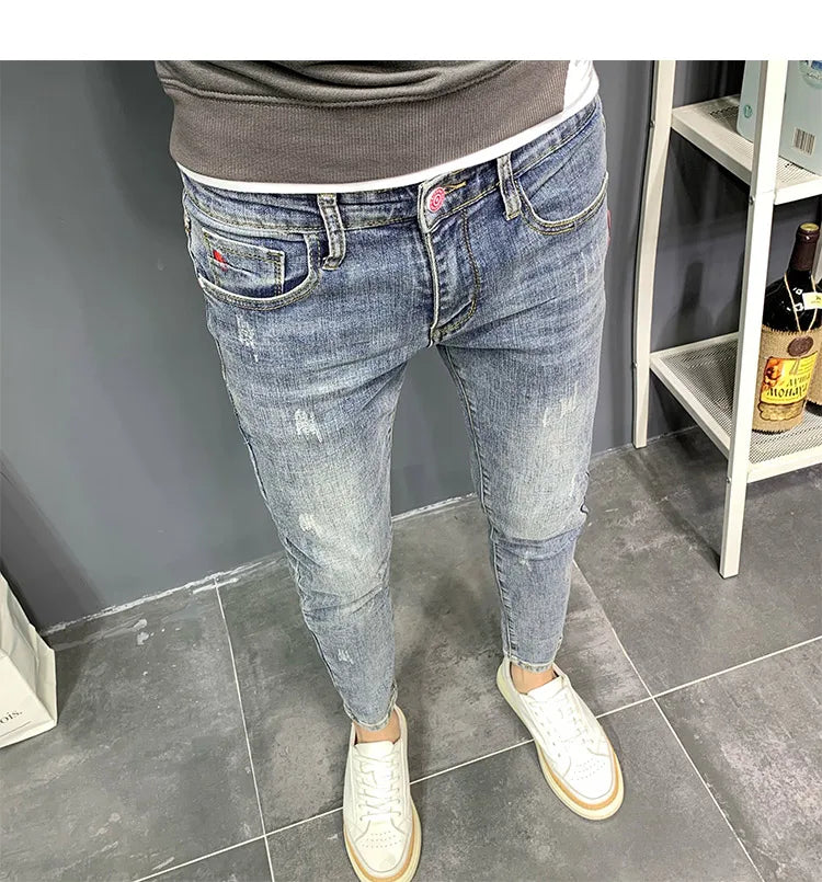 Summer light color jeans men's retro fashion brand embroidery slim fit small feet Korean fashion casual thin nine point pants