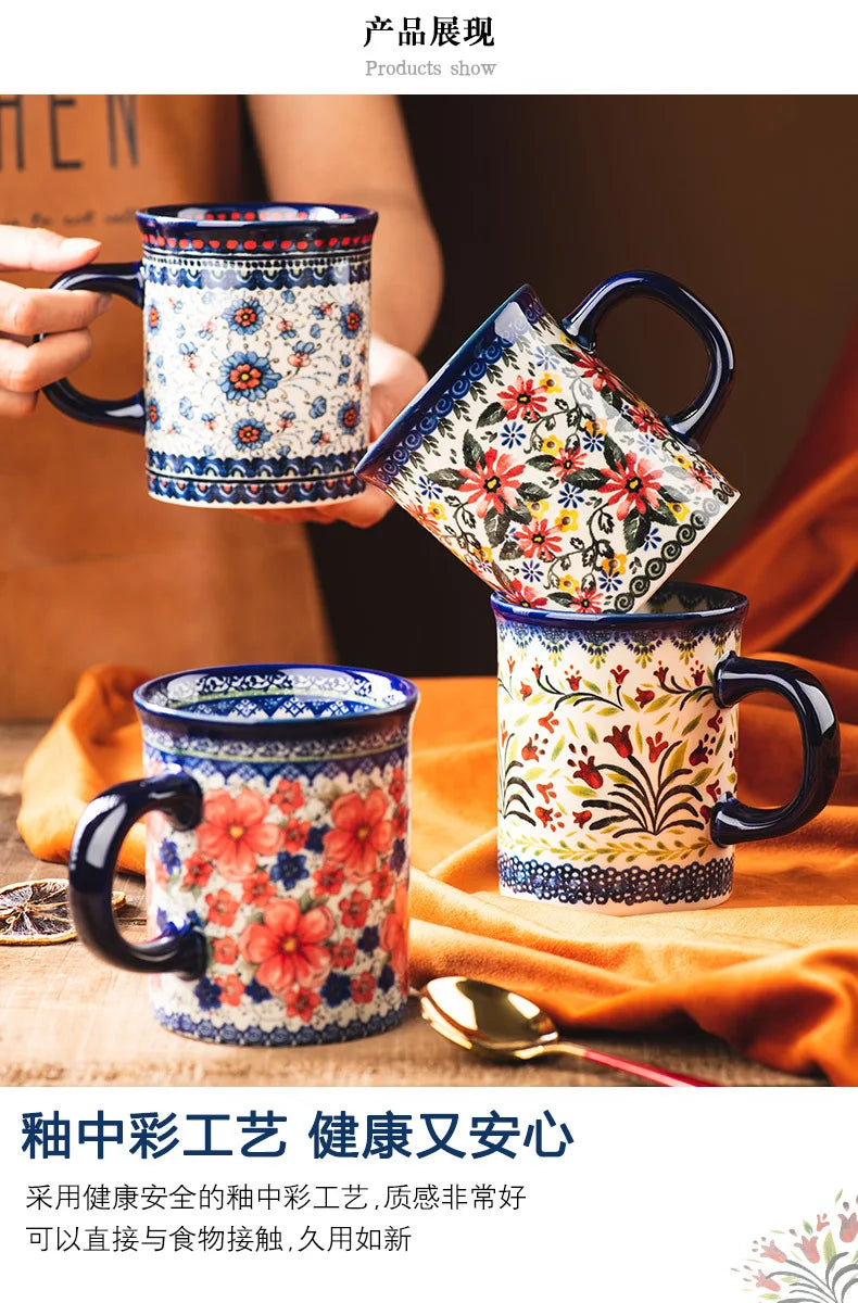 Bohemian Handmade Floral Ceramic Coffee Mug, Retro Pattern Porcelain Cup, Aesthetic Tea Mug for Latte, Cute Drinkware Gift