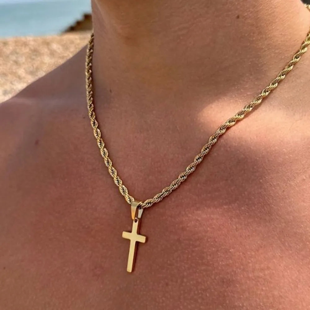 Gold Color Cross Necklaces for Men Boys,Stainless Steel Pendant Necklaces with 50cm Twist Rope Chain,Beach Surfing Jewelry Gift