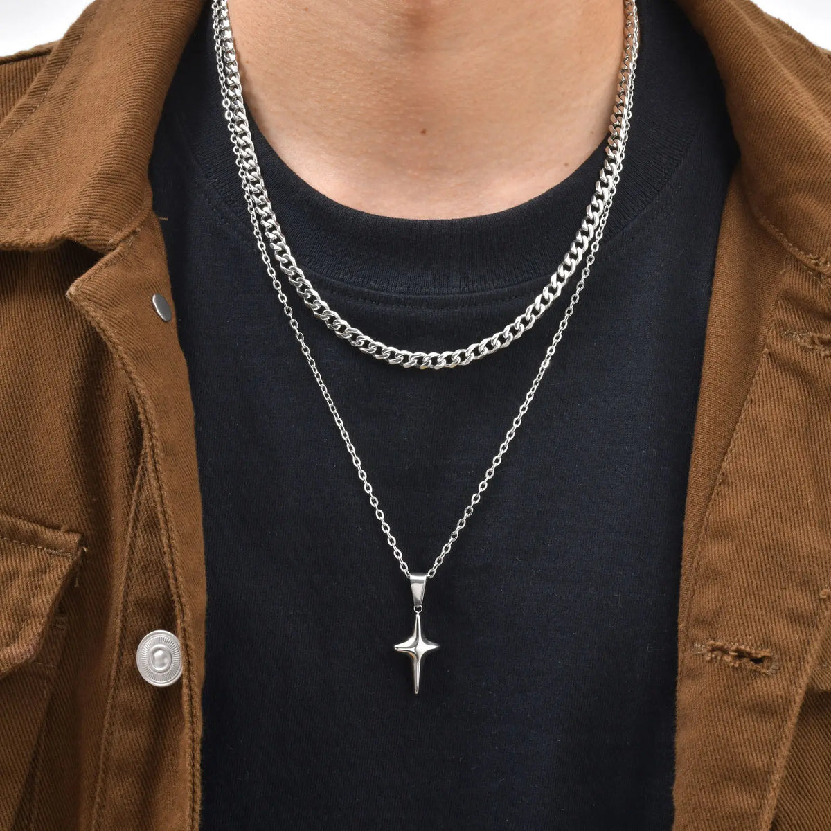 Simple Trendy Star Necklace for Men Boys,Silver Color Stainless Steel 4-Point Star Pendant,Hip Hop Minimalist Jewelry Gift