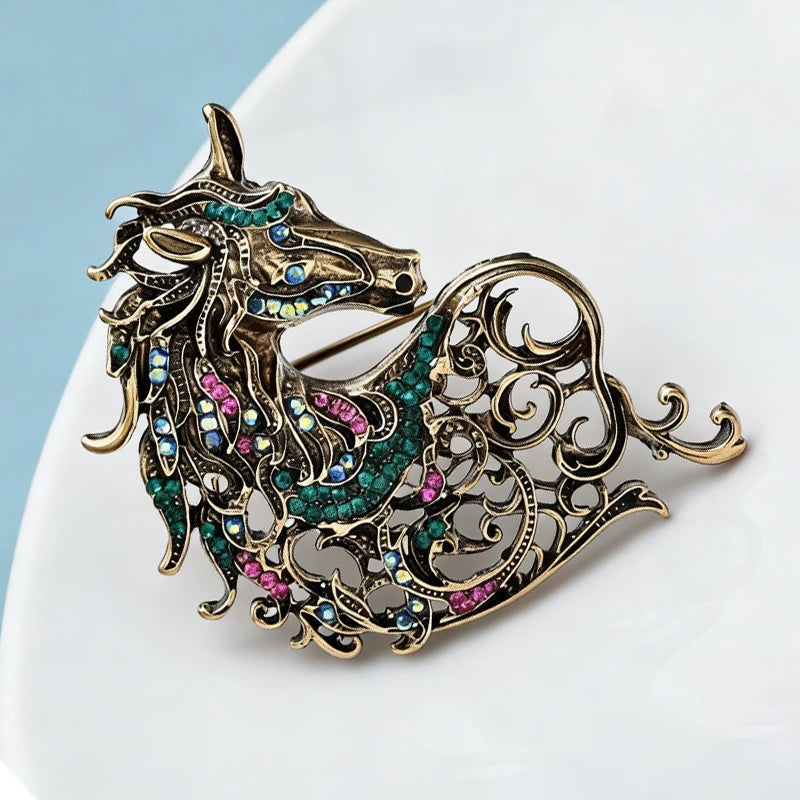 Wuli&baby Vintage Hollow out Handsome Unicorn Horse Brooch Multi color Crystal Horsehair Metal Badge Pin Jewelry Accessory